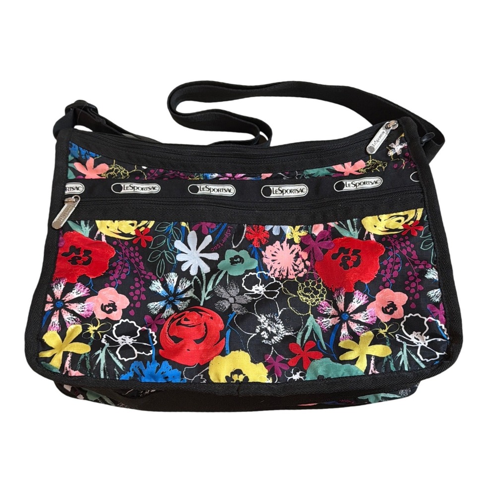 LeSportsac Deluxe Everyday Bag Floral Print Black Multi Crossbody Handbag Retro